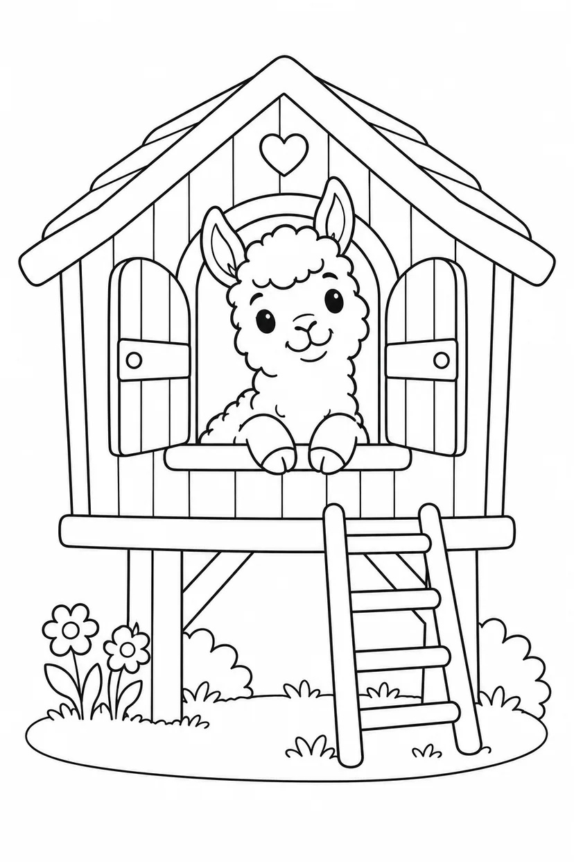 アルパカの木のおうちの塗り絵