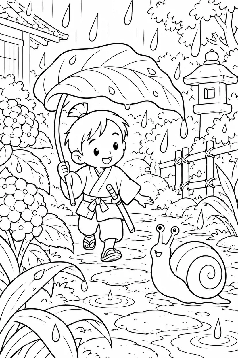 一寸法師・葉っぱの傘で雨やどりの塗り絵