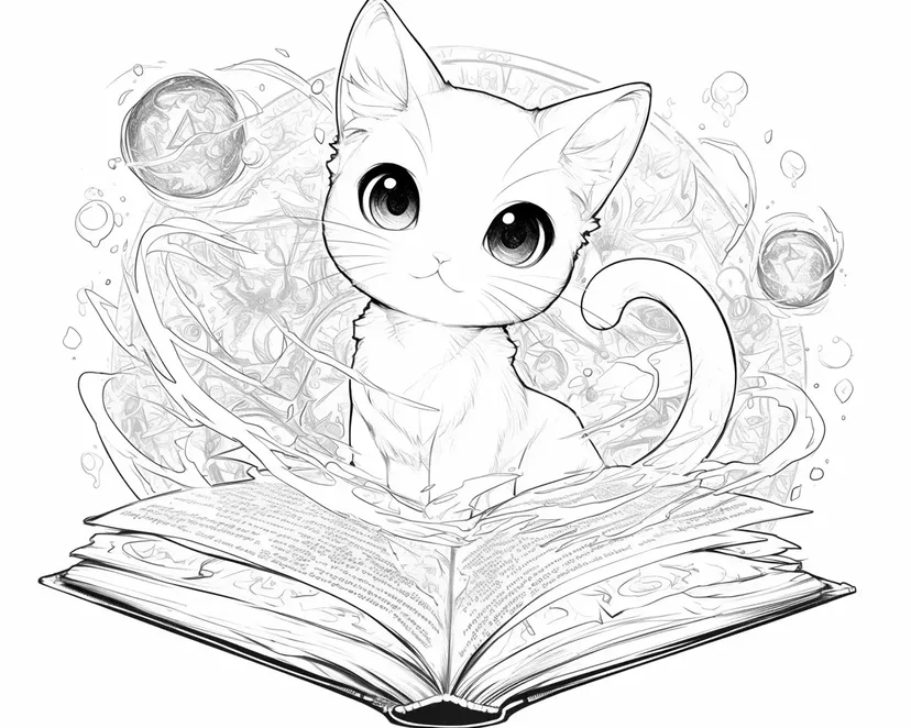 Dibujo de Libro Mágico y Gatito para colorear