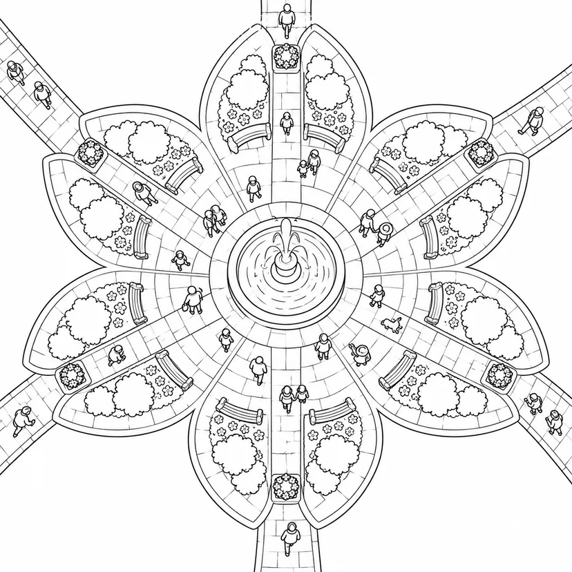 石の花びらの円形広場の塗り絵