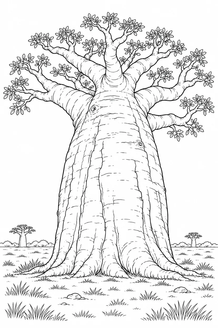 Dibujo de Baobab extendiendo ramas al cielo para colorear