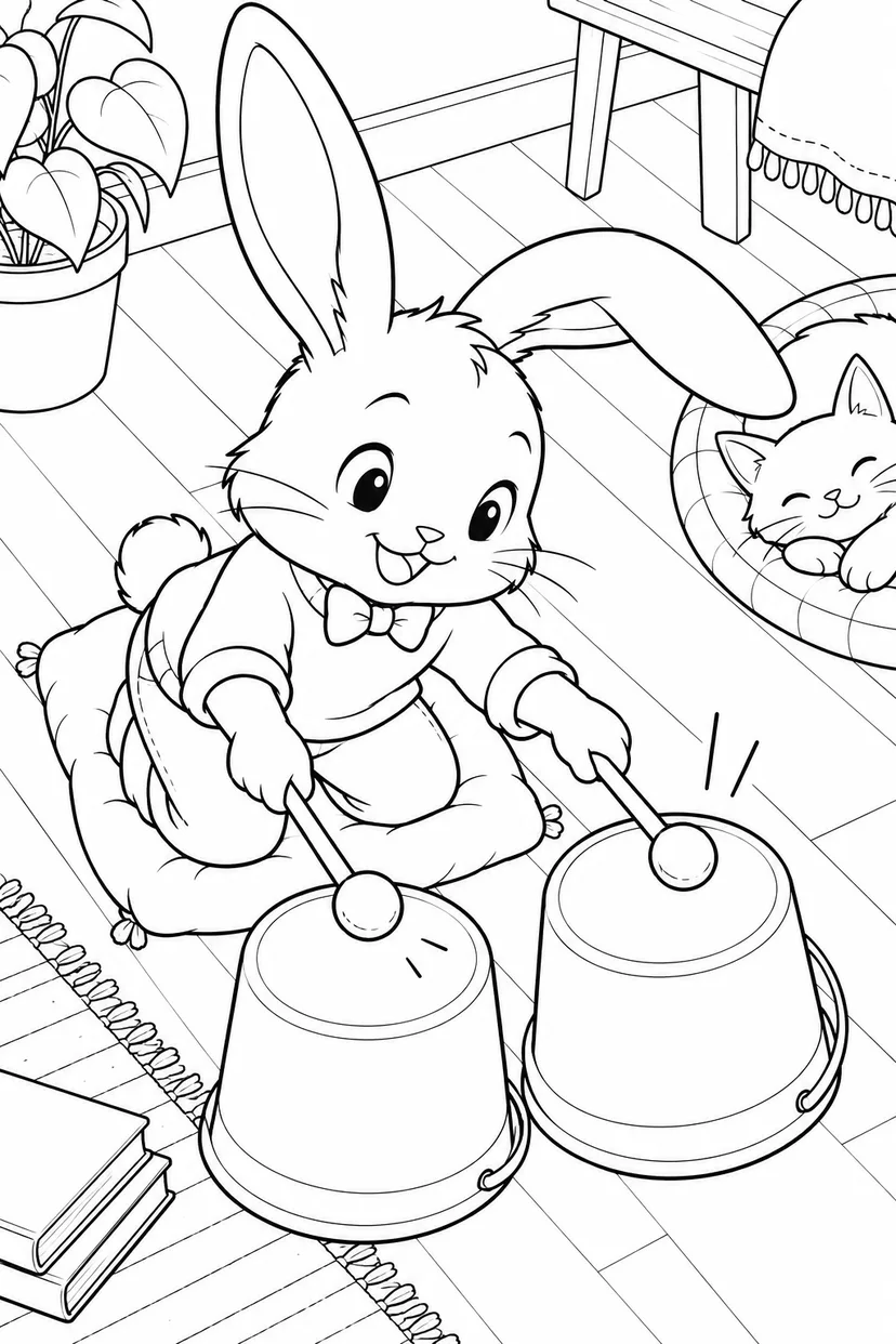 うさぎのバケツドラムの塗り絵
