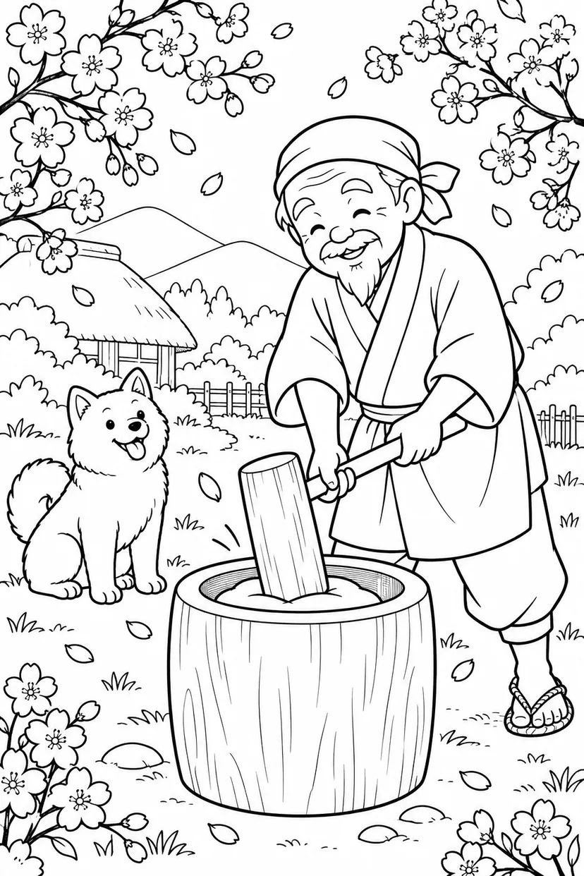 はなさかおじさん：白い犬が見守る餅つき（ほっこり）の塗り絵