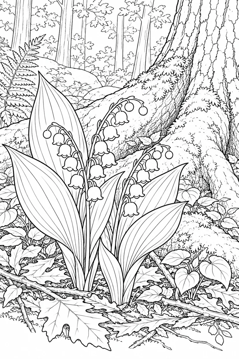 自然のひとこま：スズランの小さな鐘の塗り絵
