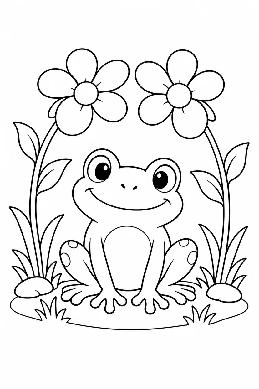 カエルと花のトンネルの塗り絵