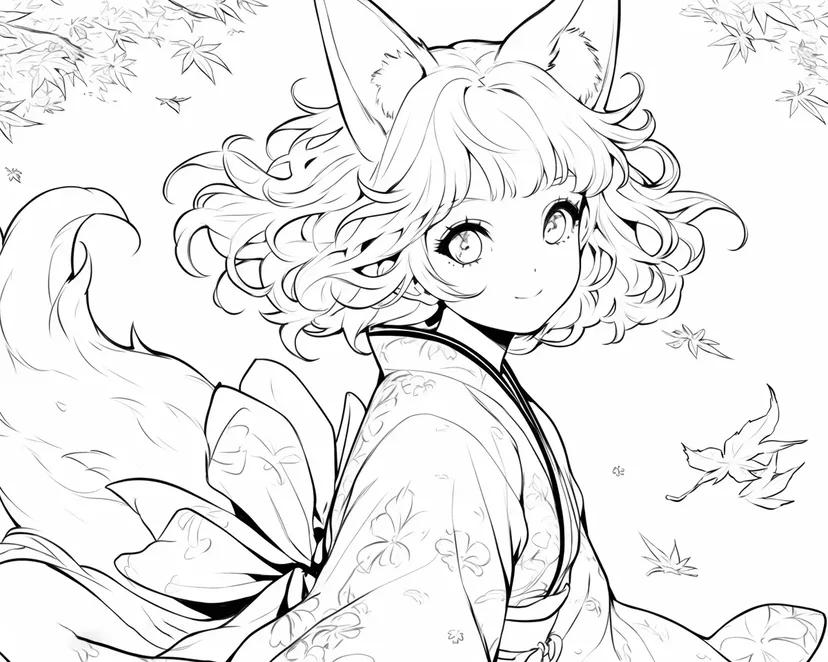 秋の風に舞う狐の少女の塗り絵