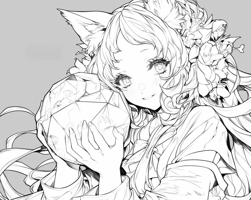 抱着水晶的猫耳女孩涂色页