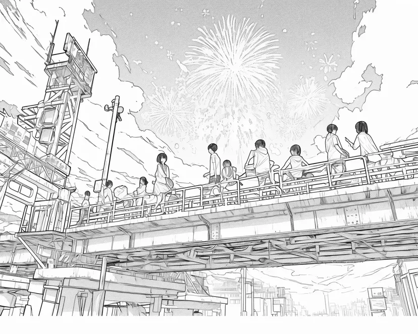 橋の上からの花火の塗り絵
