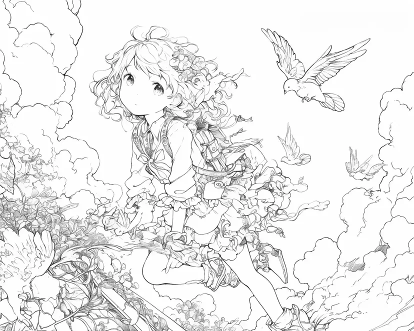 Dibujo de Chica Volando con Pájaros para colorear
