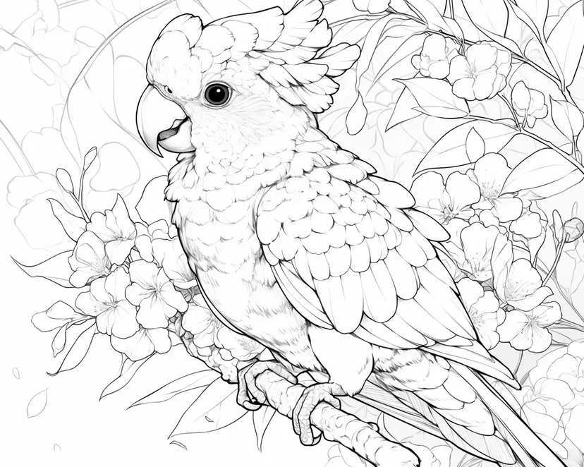 Dibujo de Hermoso Loro y Flores para colorear