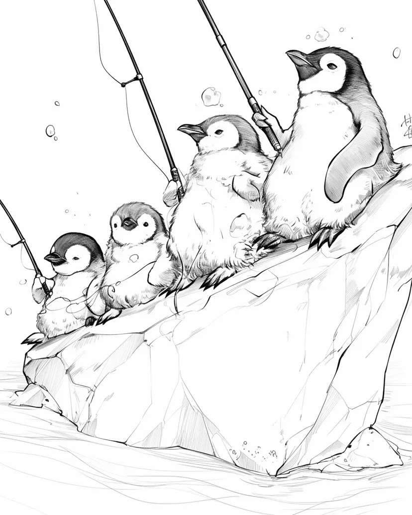 ペンギンの釣り冒険の塗り絵