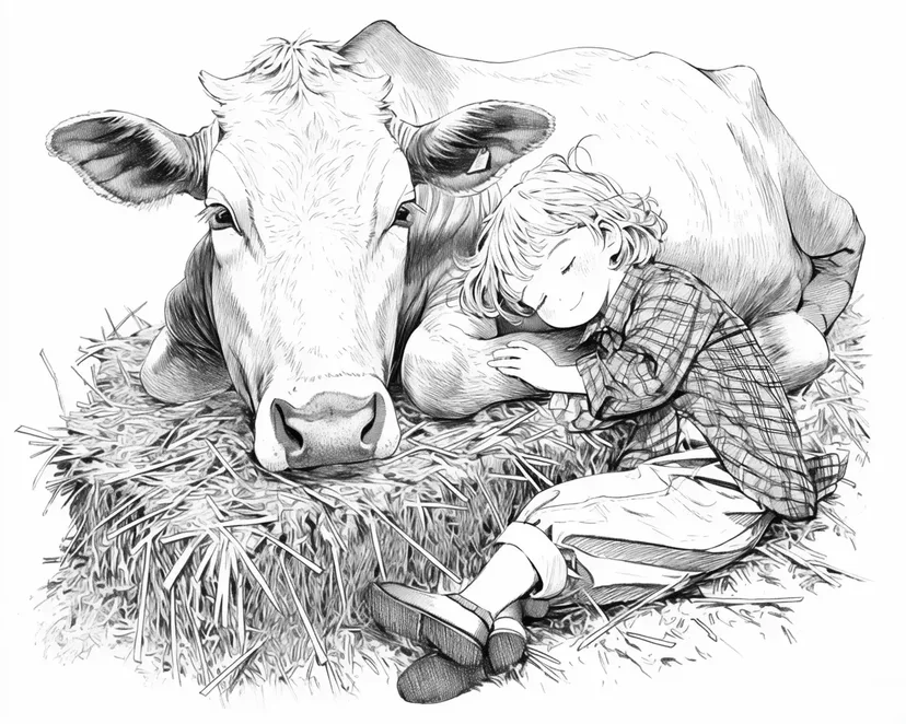 Gambar mewarnai Beristirahat dengan Sapi yang Lembut