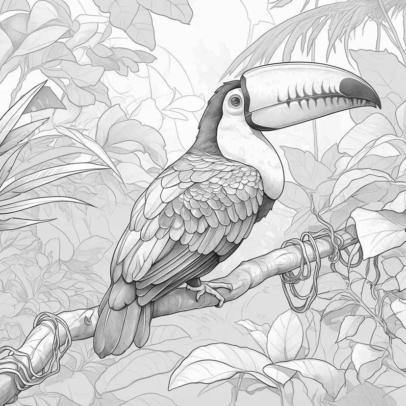 Dibujo de Hermoso Pájaro en el Bosque Tropical para colorear