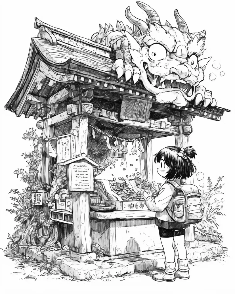 神社的顽皮龙涂色页