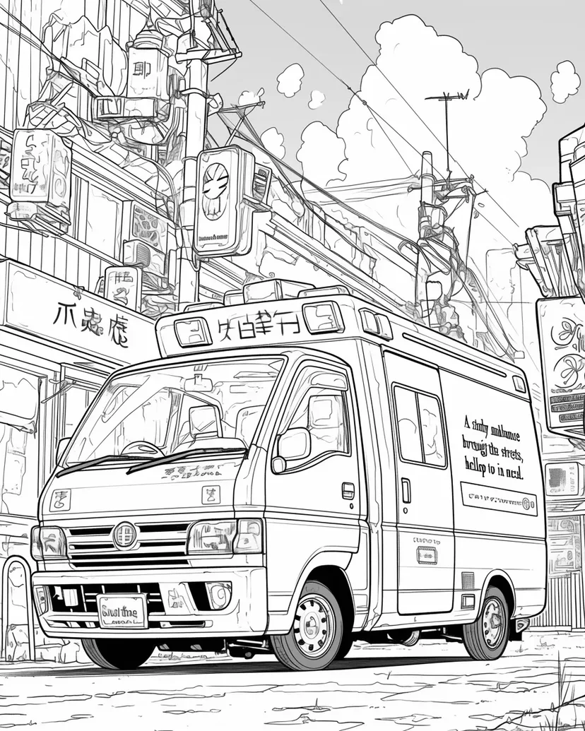 Dibujo de Una Pequeña Ambulancia en la Ciudad para colorear