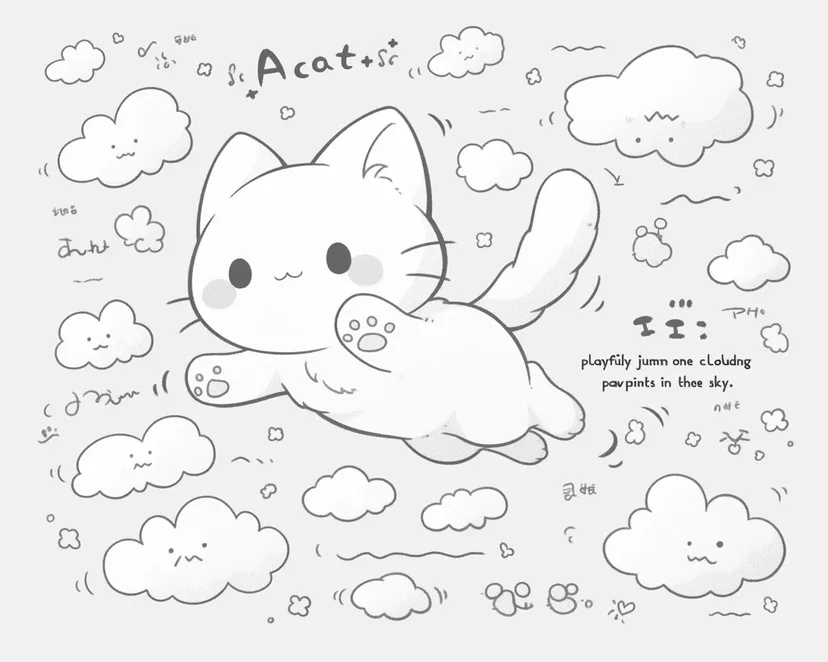 Desenho de Gato Voando entre Nuvens para colorir