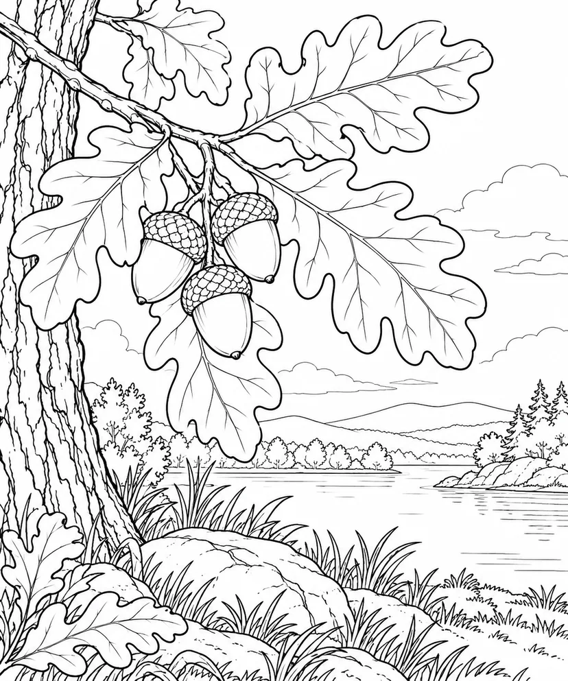 自然のひとこま：オークの葉とどんぐりの塗り絵