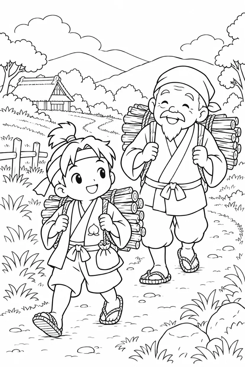 ほっこり桃太郎：桃太郎とおじいさんの薪運びの塗り絵