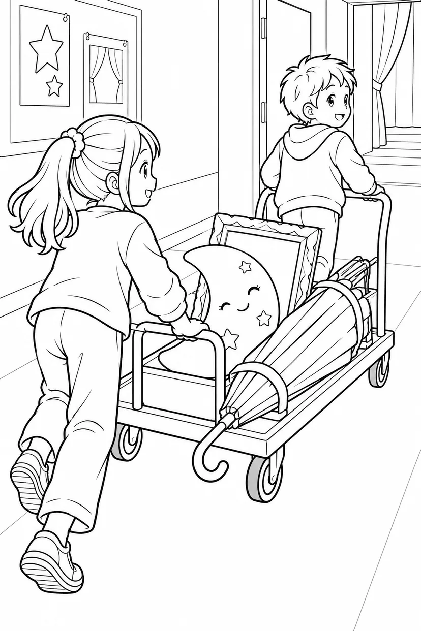 小道具ワゴンを運ぼうの塗り絵
