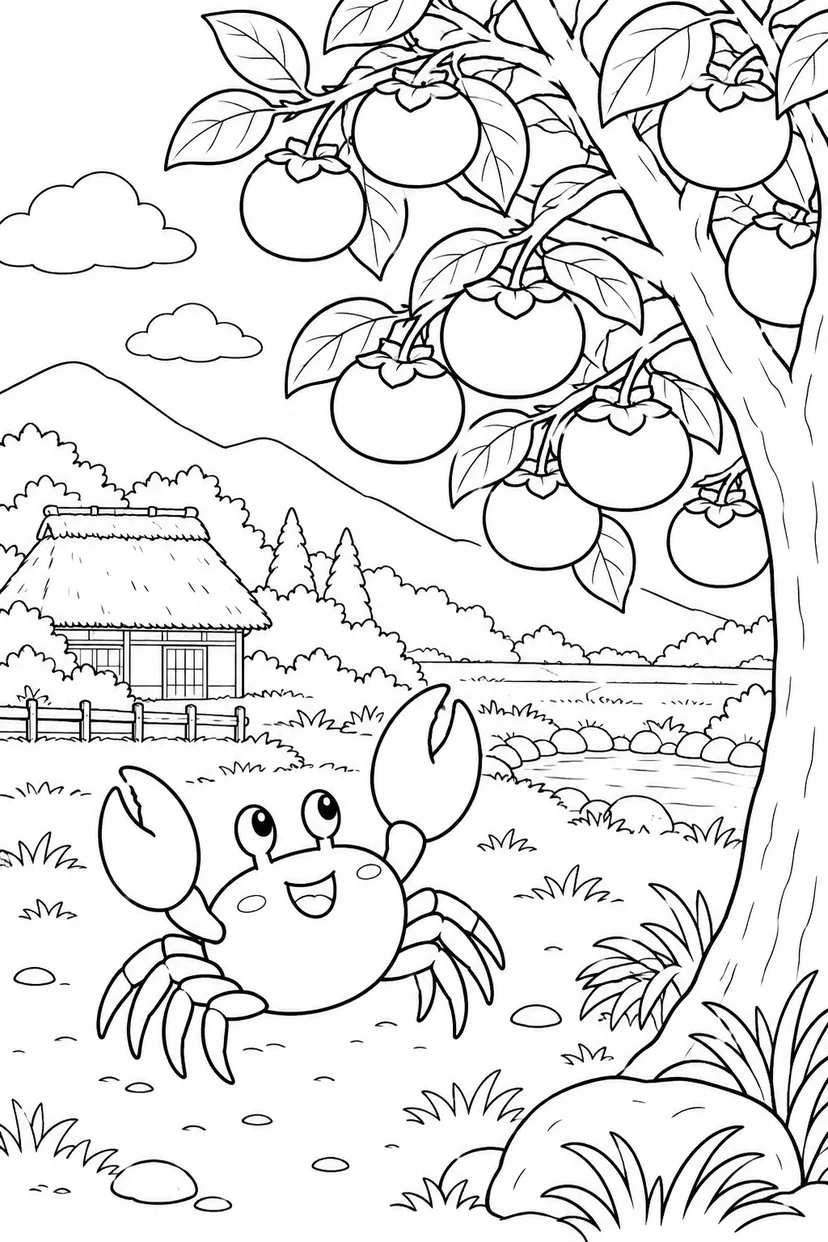 さるかに合戦 ほっこり：柿が実った庭の塗り絵
