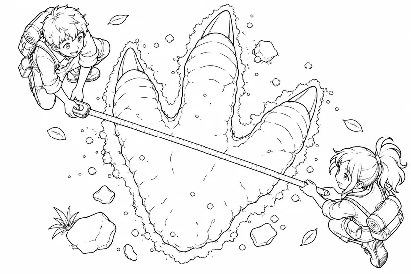 竜の足あとを測る調査隊の塗り絵
