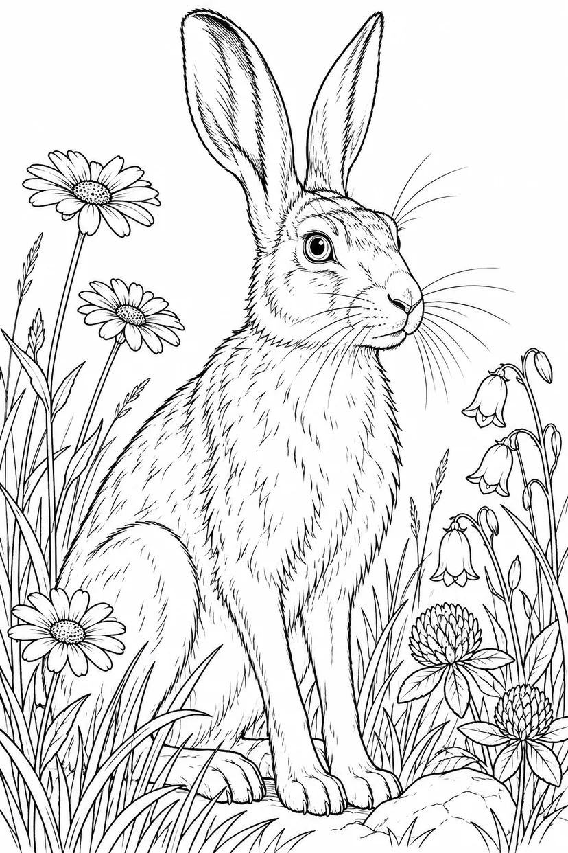 観察スケッチ：ノウサギと草原の花の塗り絵