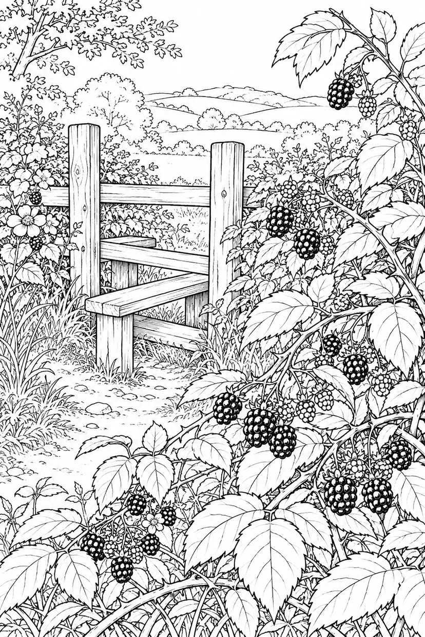 自然のひとこま：ブラックベリーの枝と実の塗り絵