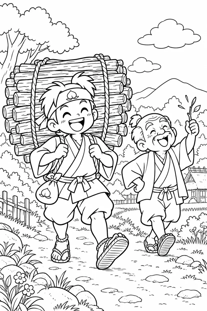 ギャグ桃太郎：桃太郎とおじいさんの薪運びの塗り絵