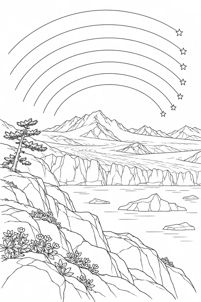 氷河と岩の岬と星の軌跡の塗り絵