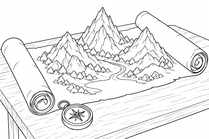 大きな巻物から伸びる山の塗り絵