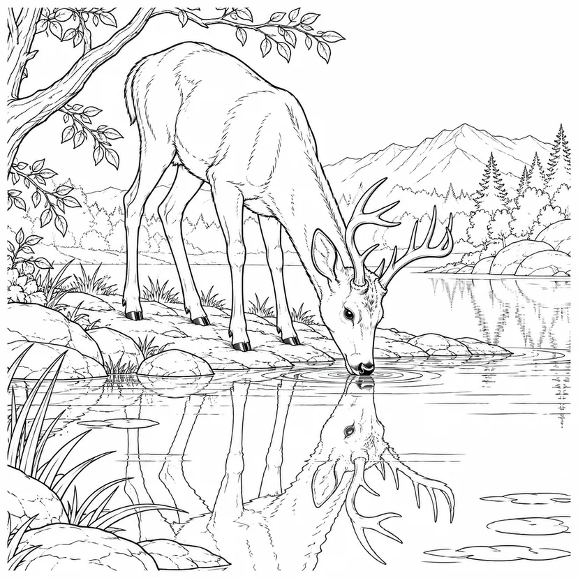 水辺で向き合うシカと影の塗り絵