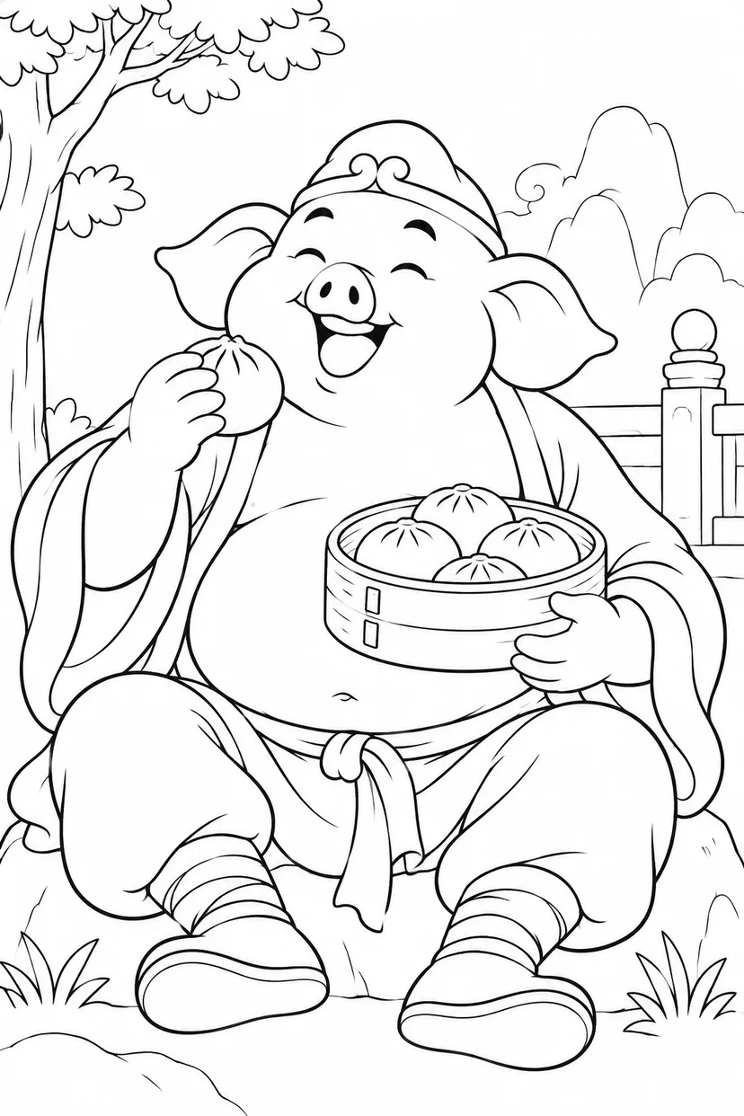 ほっこり西遊記：八戒のおまんじゅうの塗り絵