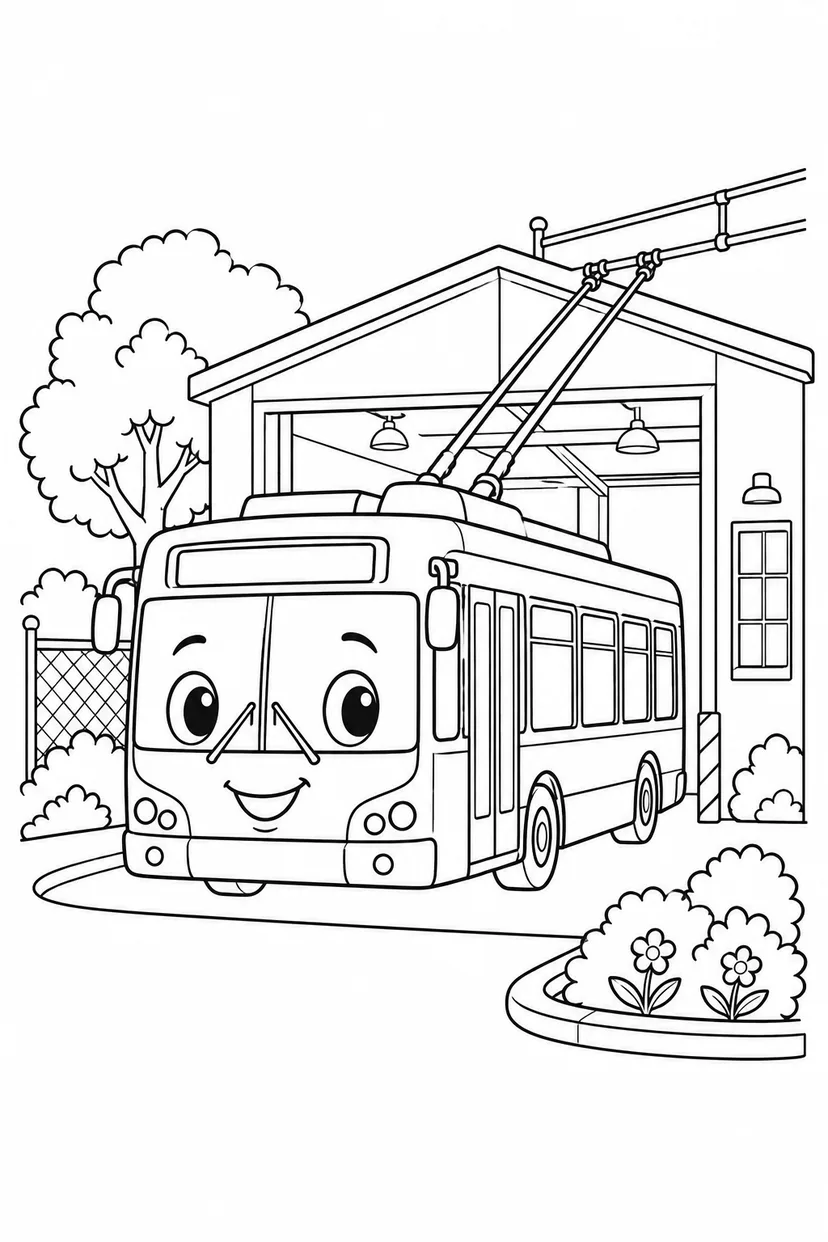 トロリーバスと車庫の塗り絵