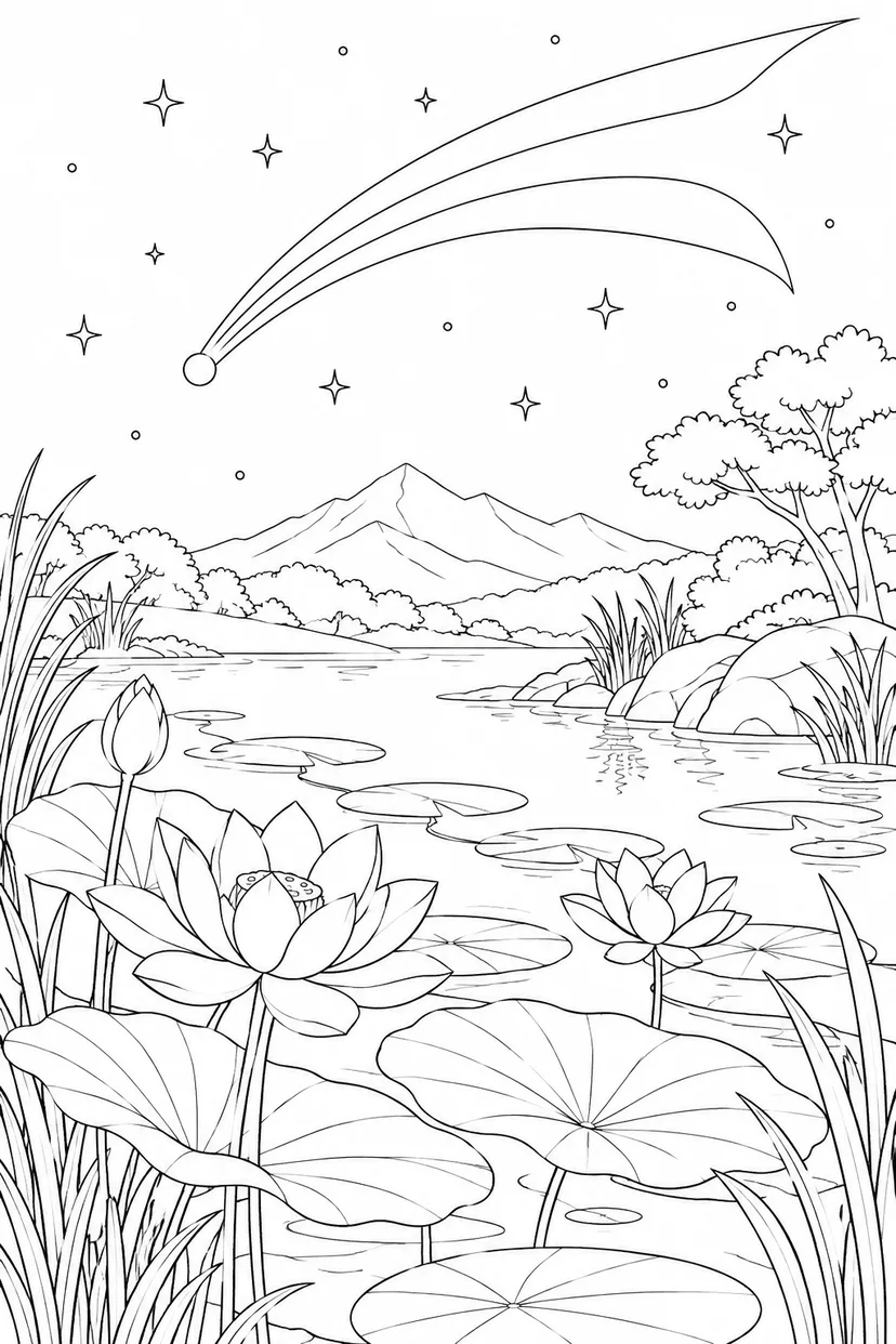 蓮の葉の池と尾をひく彗星の塗り絵