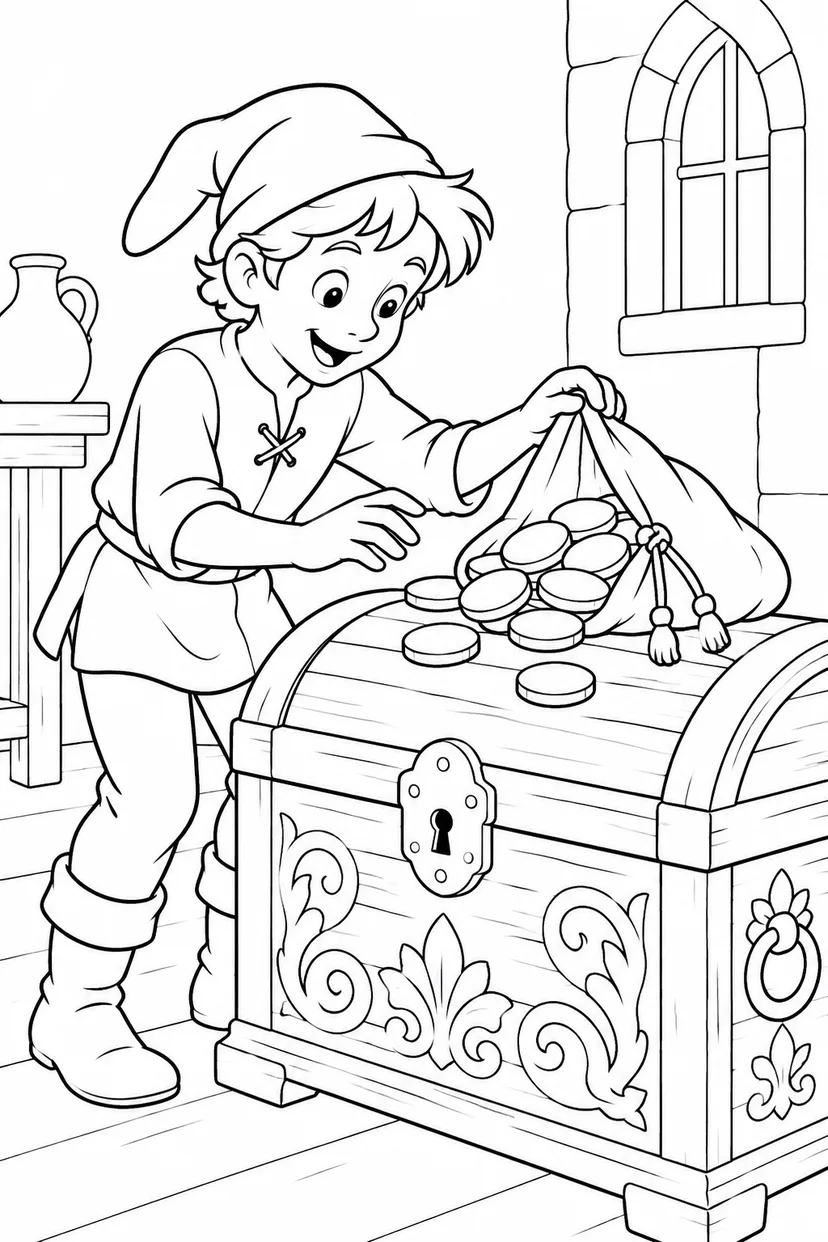 Jack and the Beanstalk・Heartwarming — Discovering a bag of gold coins coloring page
