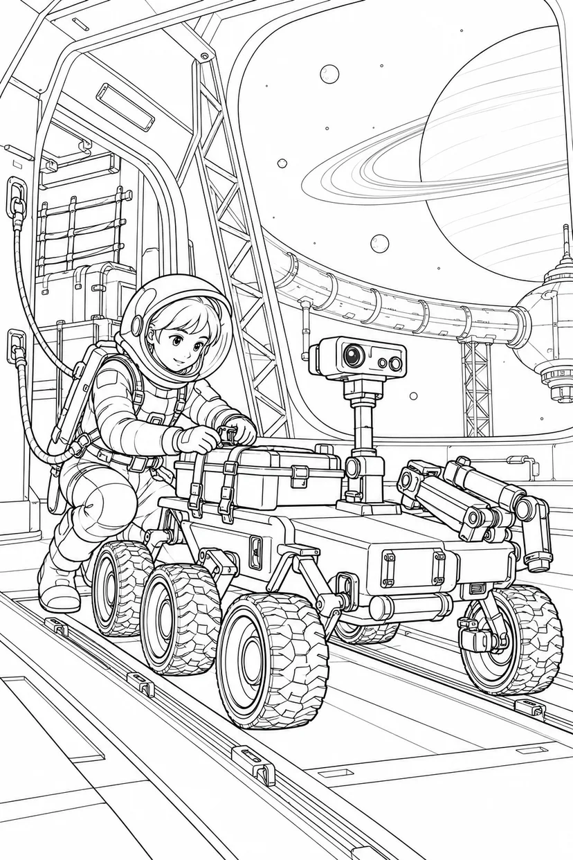 環のある惑星の軌道基地：探査車の出発準備の塗り絵