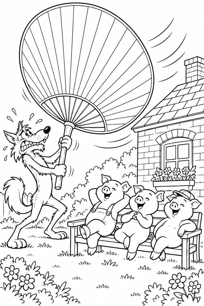 三只小猪：狼的巨型扇子计划涂色页
