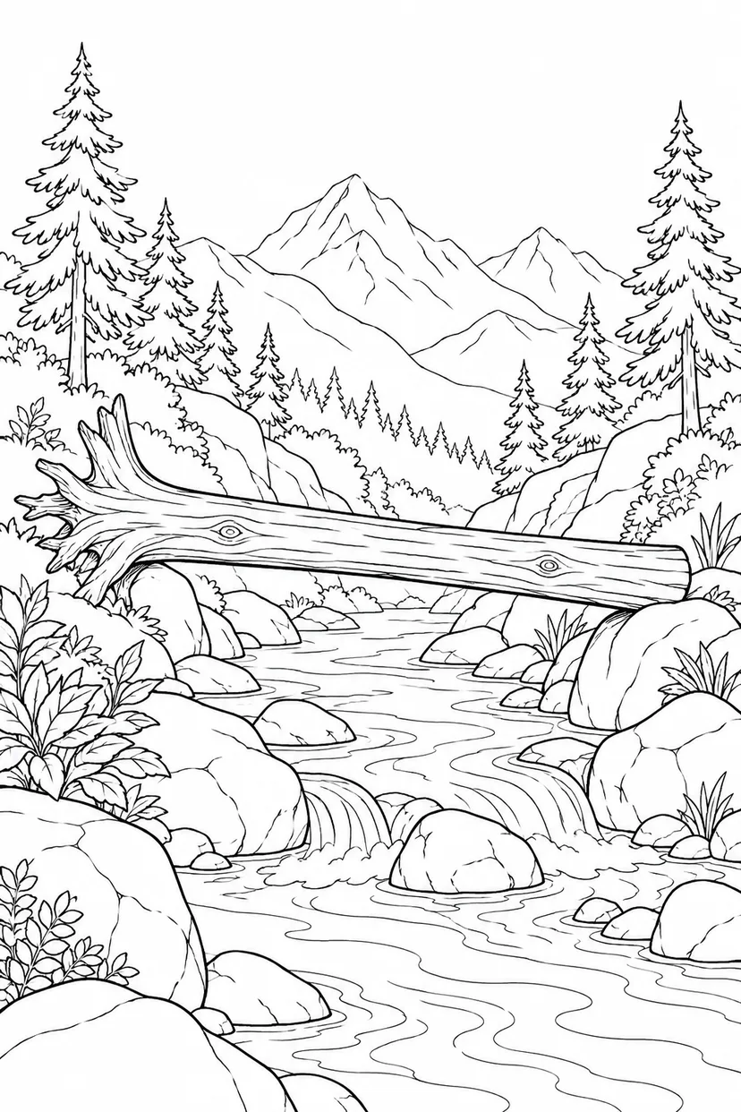 渓流の上に架かる一本橋の塗り絵