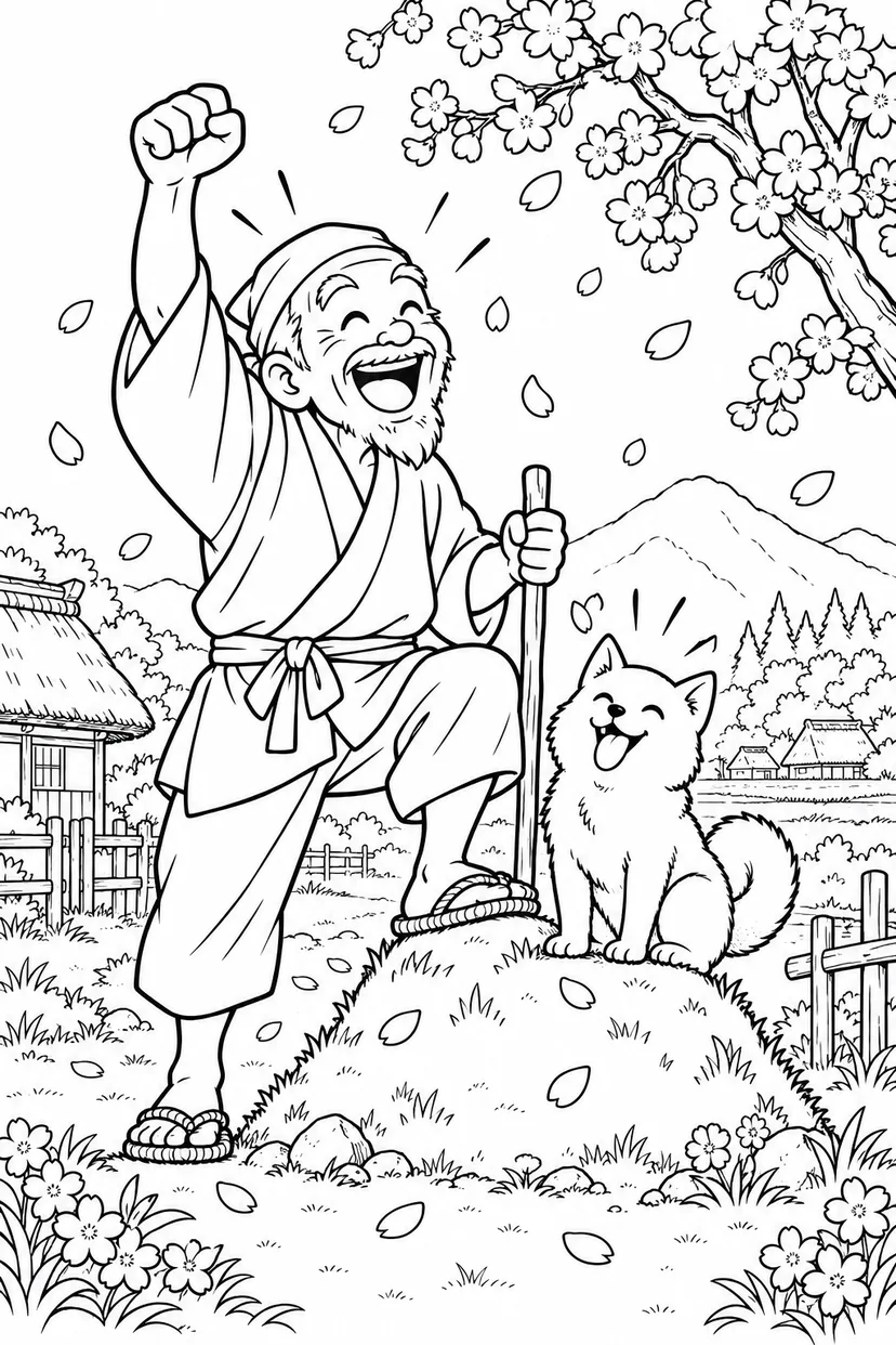 はなさかおじさん：一歩の丘で登頂ポーズ（ギャグ）の塗り絵