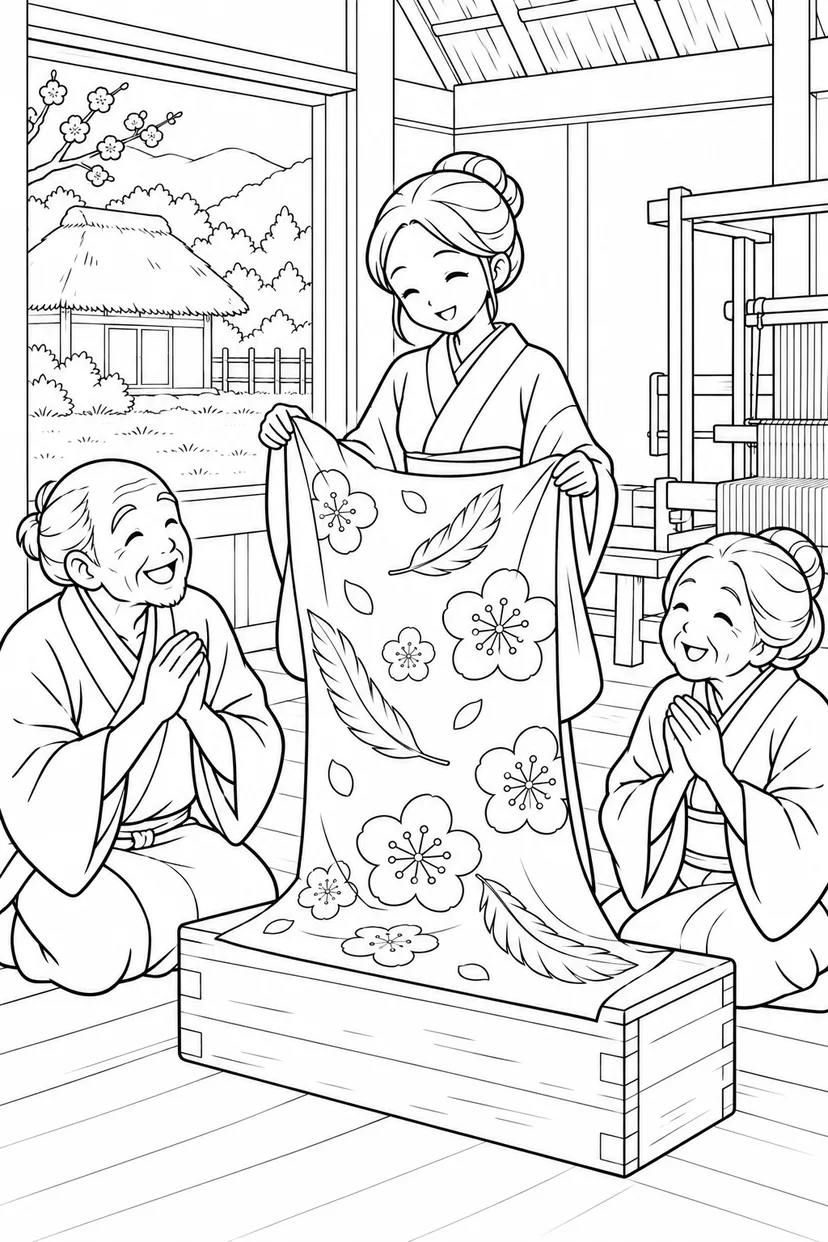 つるの恩返し：梅もようの布のおくりものの塗り絵