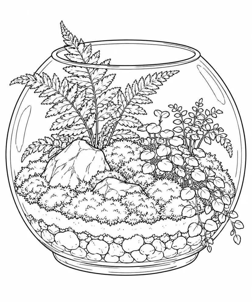 観察スケッチ：苔とシダのガラステラリウムの塗り絵