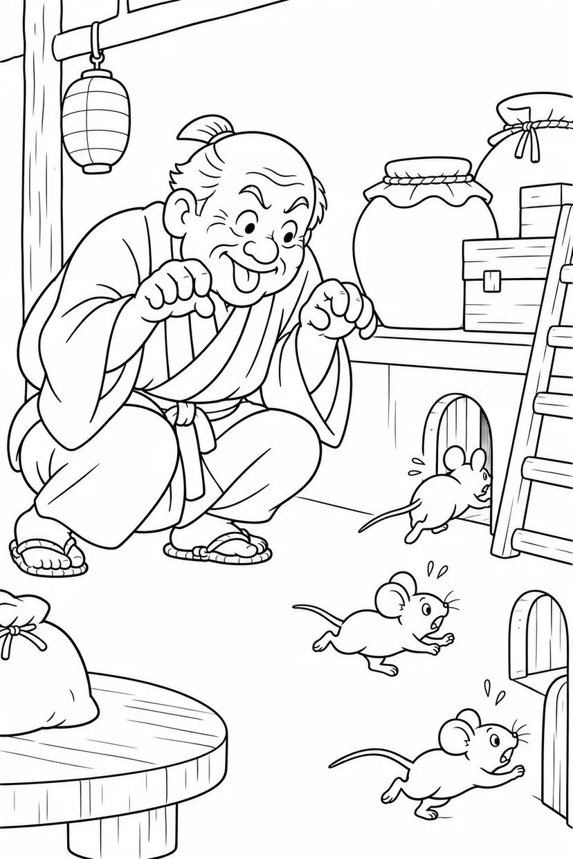 おむすびころりん・ほっこり：猫のまねにびっくりの塗り絵