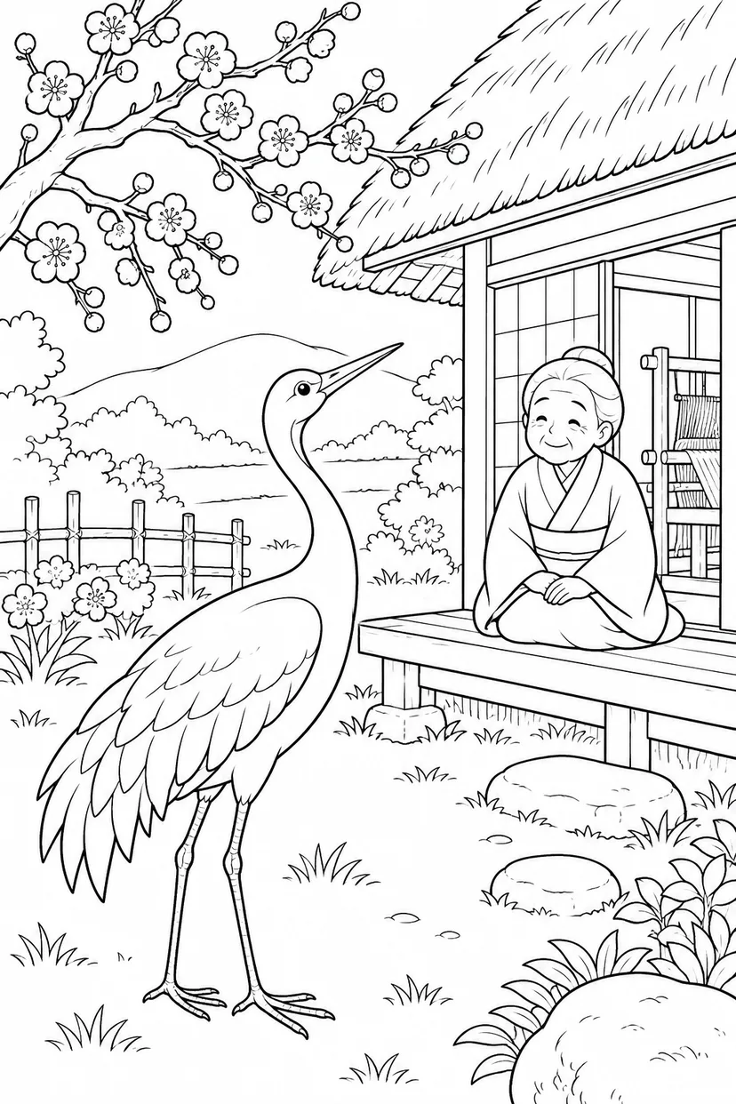 つるの恩返し：梅の木の下につるが来たの塗り絵