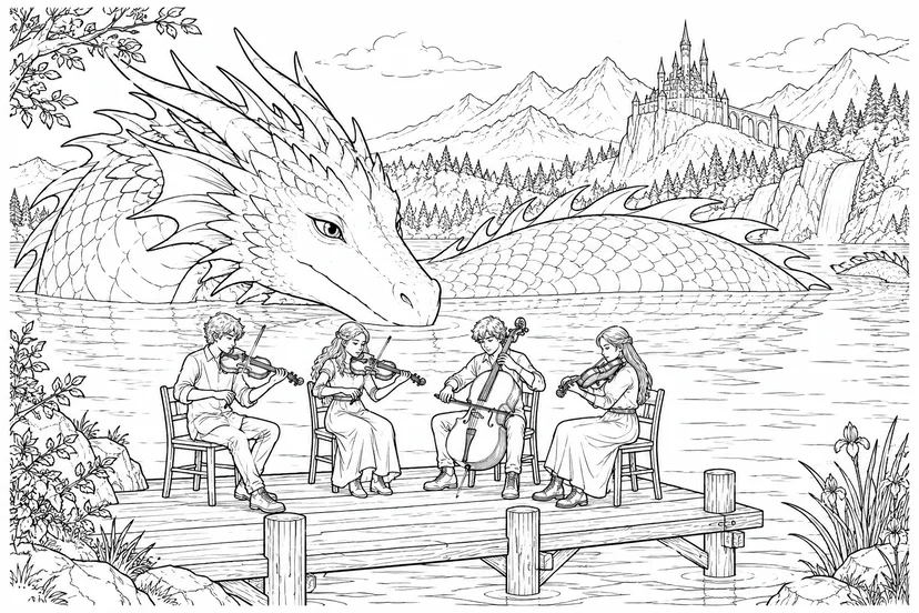 湖畔の竜と弦楽四重奏の塗り絵