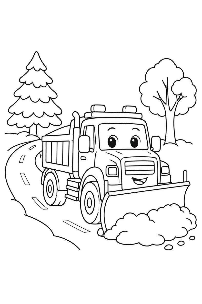 除雪車と森の道の塗り絵