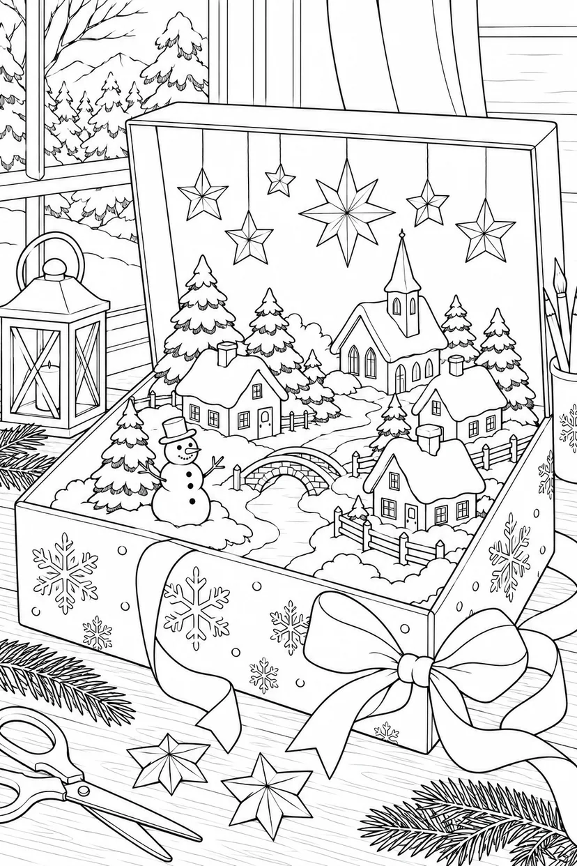 冬の箱の中の小さな町の塗り絵