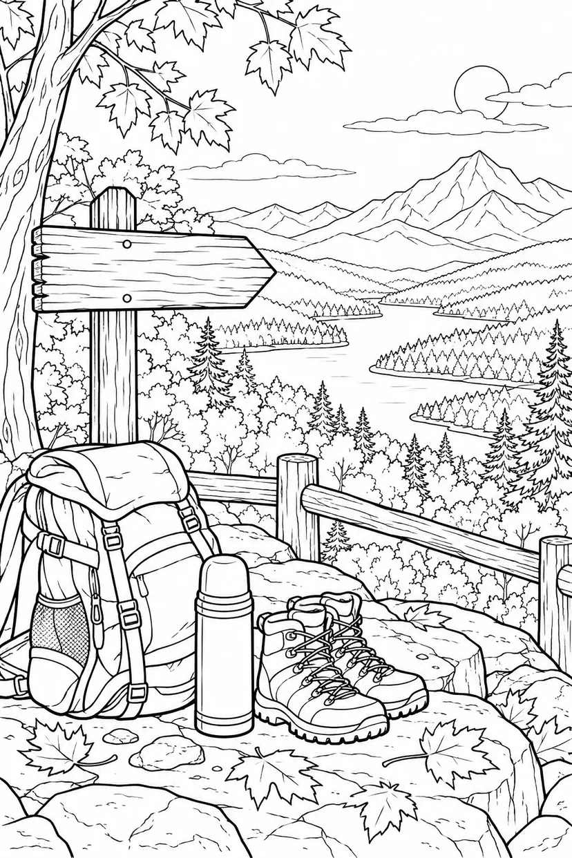 秋の山の展望テラスの塗り絵