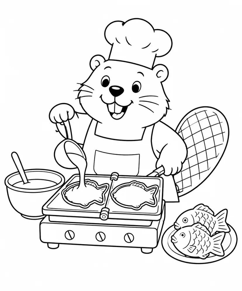 たい焼きを焼くビーバーの塗り絵