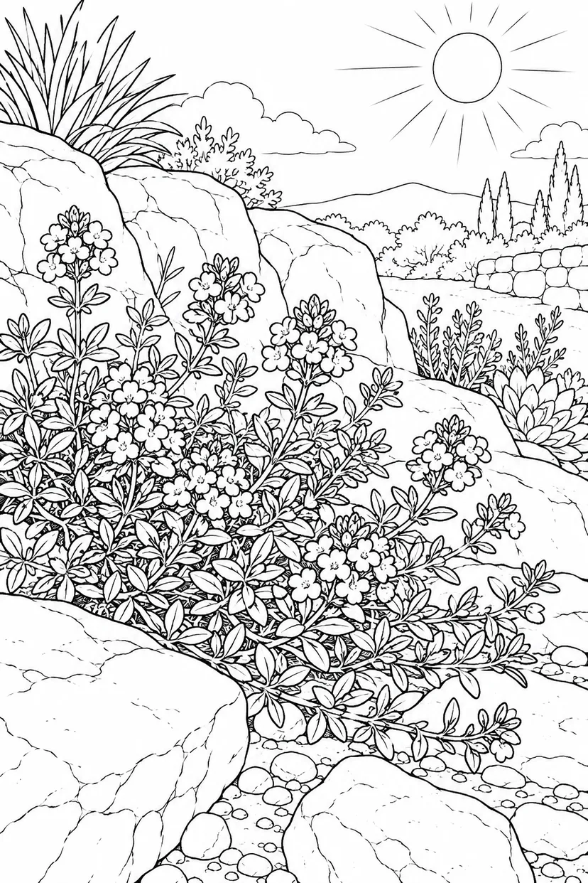 自然のひとこま：タイムの小さな花の塗り絵