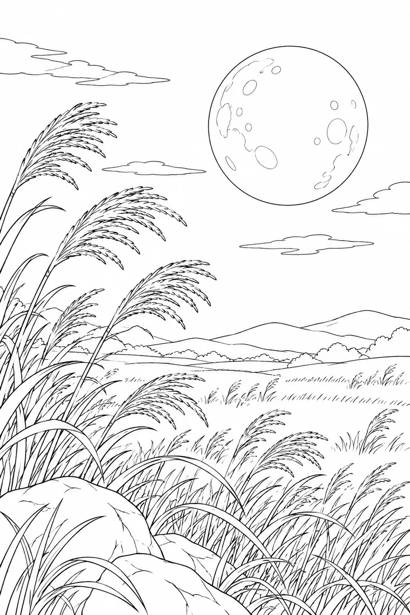 ススキの草原と満月の塗り絵